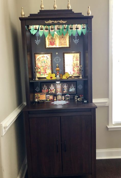 Cabinet Temple Ideas, Diy Pooja Mandir Ikea Hacks, Mandir Diy Ikea Hacks, Pooja Cupboard Ideas Indian, Diy Pooja Mandir, Puja Corner, Pooja Corner, God Mandir, Puja Design