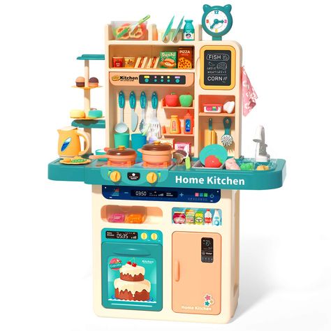 PRICES MAY VARY. Kids Pretend Kitchen Toy:93-Piece Play Kitchen Accessory Set included electronic stovetop,play sink with running water,color changing play foods,rotatable dessert shelf,Mini blackboard and kinds of kitchen accessories.Various cooking utensils for your little one to have countless hours of fun and play. Color-Changing Play Foods & Accessories:Kitchen Accessories will turn white when water is above 33℃,color returns when it's cool.Play foods(Only fish, steak, shrimp ) will gets da Kitchen Playset, Kitchen Toy, Pretend Kitchen, Cooking Toys, Play Kitchen Accessories, Play Kitchens, Pretend Play Food, Pretend Play Kitchen, Play Kitchen Sets