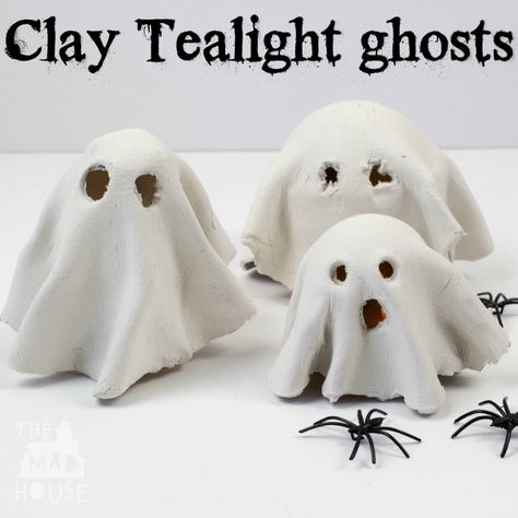 How to Make a Clay Ghost Tealight Pottery Halloween, Spooky Diy Halloween Decor, Halloween Ghost Craft, Clay Ghost, Thema Halloween, Ghost Crafts, Autumn Craft, Clay Crafts For Kids, Halloween Clay