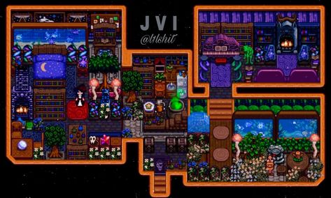 Stardew valley. Indoor interiror decoration. House idea and layout. Ginger island farm Stardew Valley Farm Decor, Stardew Valley Ginger Island Farm, Stardew Decor, Stardew Valley Farms, Farm Layout, Decoration House, Island House, Farm Decor, Stardew Valley