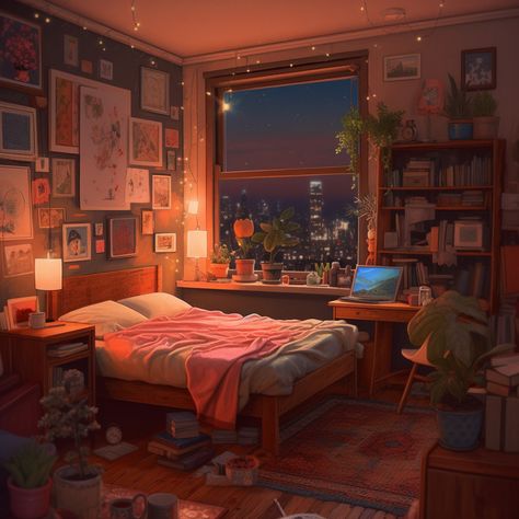 Dreamscape Architecture Bedroom, Cozy Bedroom Illustration, Cozy Bedroom Drawing, Lofi Bedroom Aesthetic, Night Room Illustration, Room Background Drawing, Lofi Aesthetic Room, Night Bedroom Aesthetic, Cozy Room Drawing