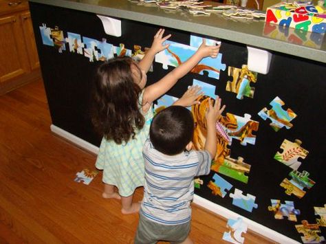 Convert large floor puzzles to magnets - Even better if you have a big space (like this under kitchen bar area to convert to magnetic space). Magnetic Wall Activities, Puzzle Peice, Chalkboard Wall Calendars, Wall Puzzle, Daycare Spaces, Magnetic Paint, Daycare Room, Diy Preschool, Chalkboard Wall