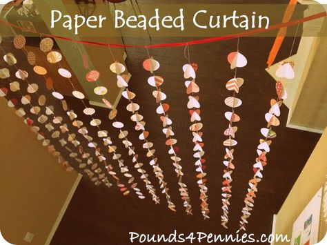 Best DIY Beaded Curtain idea. Super easy. Gotta try this for 60's or tween party ideas! Bead Curtain Diy, Diy Beaded Curtain, Orange Scrapbook Paper, Gold Entryway, Paper Curtain, 60's Party, Curtain Diy, Curtain Tutorial, Themed Party Ideas