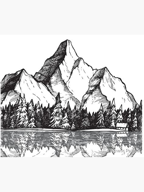 "Scenic Mountain with Reflection in Lake Water // Snowy Mountains Mountain Range Drawing" Tapestry by MagneticMama | Redbubble Drawing Of Mountains, Mountains And Trees, White Drawing, Ink Drawing, Trees, Black And White, Water, White, Black