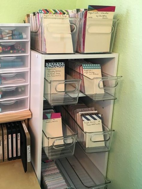 Planner Storage Organization, Project Life Storage, Fridge Bins, Scrapbooking Rooms, Craft Storage Closet, Crafting Organization, Embossing Folder Storage, Craft Storage Drawers, Furniture Template