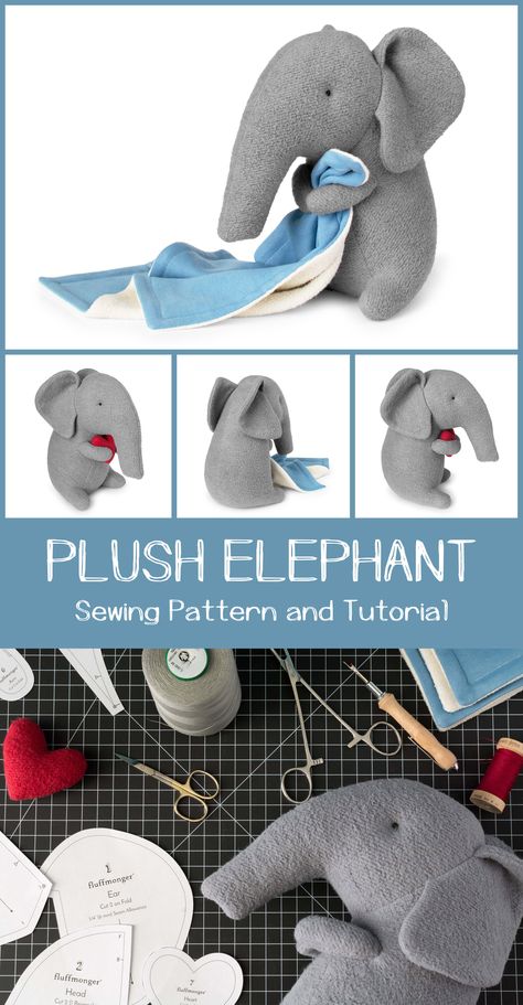 Plush Elephant Sewing Pattern and Tutorial by Fluffmonger — Stuffed elephant sewing pattern, DIY Elephant, Elephant Plushie, Elephant Soft Toy, Elephant Stuffed animal tutorial Elephant Sewing Pattern, Stuffed Animal Sewing, Elephant Soft Toy, Elephant Stuffed Animal, Sewing Stuffed Animals, Beginner Sewing Projects Easy, Elephant Plush, Sewing Toys, Sewing Projects For Beginners