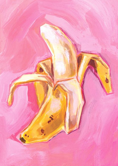 "Colorful print of a banana on a vibrant pink background. PRINT DETAILS: This piece is a reproduction of an original acrylic painting printed on 60lb polar matte paper. The print includes a ¼\" border to help with matting and framing (frame + mat not included). All prints are signed with pencil on the back. SHIPPING: Each print is placed inside of a protective sleeve and mailed in a rigid mailer via USPS. + Please note that slight variations in color should be expected due to differences in moni Painting Banana, Banana Food, Banana Painting, Food Art Painting, Food Wall Art, Banana Art, Banana Print, Muse Art, Foodie Food