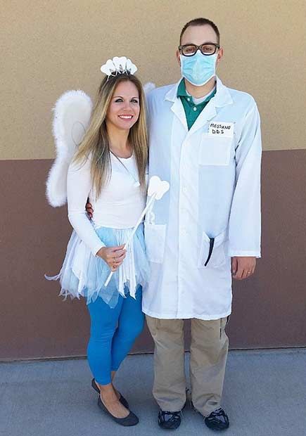 Dentist Tooth Fairy Easy Couple Halloween Costume Easy Halloween Costumes For Couples, Tooth Fairy Costume Diy, Dentist Costume, Tooth Fairy Costume, Tooth Fairy Costumes, Halloween Costume Couple, Adult Fairy Costume, Fairy Costume Women, Couple Halloween Costume