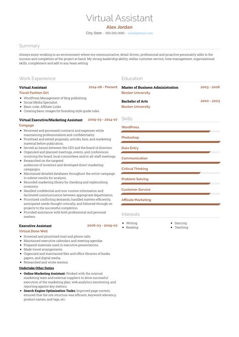 Want to create or improve your Virtual Assistant resume? Check out VisualCV’s sample resumes for guidance & find the right template for the job. #virtualassistant #resume #resumesample #resumetemplates Virtual Assistant Cv Template, Virtual Assistant Resume Sample, Resume For Virtual Assistant, Virtual Assistant Skills List, Va Resume, Virtual Assistant Resume, Simple Resume Sample, Virtual Assistant Templates, Simple Resume Examples