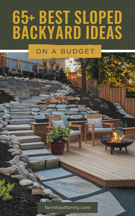 Looking for easy solutions for your sloped backyard? Try these 80+ easy sloped backyard ideas! From terraces to cozy fire pits, these ideas will transform your space effortlessly. Hillside Fire Pit Ideas, Hillside Fire Pit, Sloped Backyard Landscaping Ideas, Sloped Backyard Ideas, Hillside Landscaping Ideas, Inexpensive Backyard Ideas, Sloped Backyard Landscaping, Landscaping Ideas On A Budget, Sloped Backyard