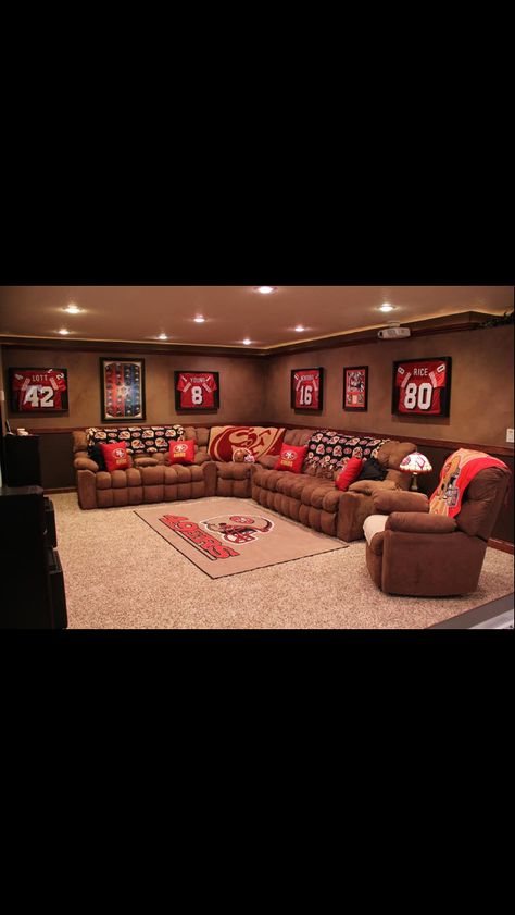 Switch it up to your favorite NFL team ( the Steelers)  and this is an awesome idea - love the color contrast and how classy cool it all looks!!! Man Cave Theme Ideas, Sala Cinema, Sports Man Cave, Man Cave Furniture, Bar In Casa, Ultimate Man Cave, Man Cave Room, Man Cave Basement, Man Cave Home Bar