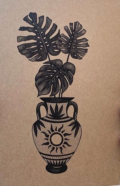 Traditional Style Cover Up Tattoo, Mix Of Traditional And Modern Tattoos, Hercules Vase Tattoo, Vase Tatoos, Mexican Vase Tattoo, Retro Tattoo Ideas Vintage, Plant In Vase Tattoo, Vintage Vase Tattoo, Woman Calf Tattoo