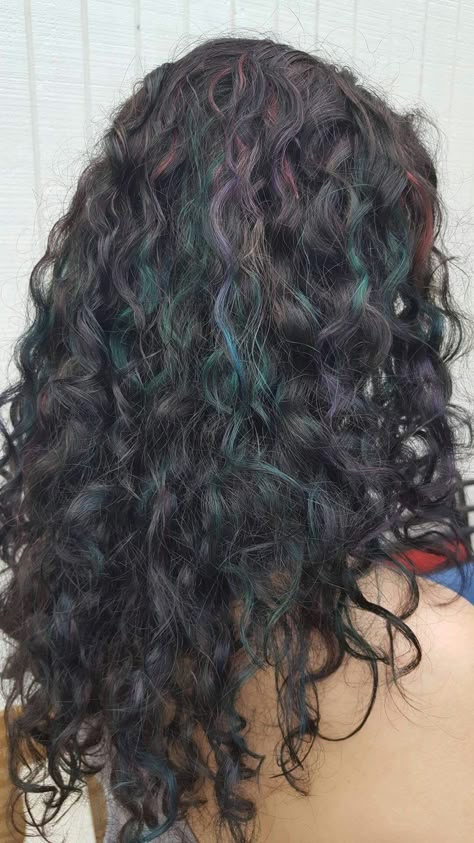 My oil slick curls. Fabulous color for dark hair! Oil Slick Hair Color Curly, Colourful Curly Hair Ideas, Oil Slick Curly Hair, Haircut And Color Ideas For Dark Hair, Fall Highlights Dark Hair, Oil Spill Hair Curly, Peakaboo Dye Curly Hair, Dark Natural Hair Color Ideas, Curly Hair Color Highlights