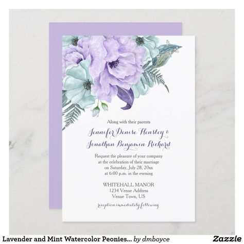 Lavender Wedding Invitation, Peonies Watercolor, Peony Wedding Invitations, Lavender Wedding Invitations, Peonies Wedding, Wedding Invitation Size, Foliage Wedding, Purple Wedding Invitations, Purple Wedding Flowers