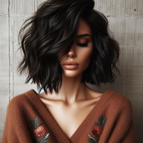 Wavy Bob Aesthetic, Lobob Hairstyle Women, Brunette Long Bob With Curtain Bangs, Bob Dark Hair With Highlights, Asymmetrical Medium Length Hair, Dark Hair Color Ideas For Brunettes Short, Bob With Curly Hair, Medium Bob Hairstyles With Layers, Mob Wife Haircut