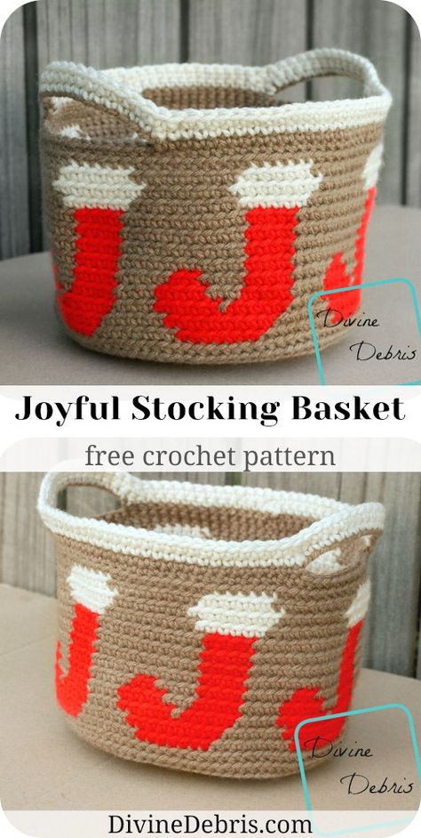 Joyful Stocking Basket free crochet pattern by DivineDebris.com Stocking Basket, Caron One Pound Yarn, Friends Crochet, Winter Holiday Crafts, Basket Crochet, Red Stockings, Crochet Basket Pattern, Patterns Ideas, Christmas Baskets