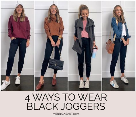 4 Fall Outfits with Black Joggers - Merrick's Art Black Jogger Travel Outfit, Black Jogger Jeans Outfit, Dress Joggers Outfits, Black Jean Joggers Outfit, Styling Black Joggers Women, Dressy Black Joggers Outfit, Style Black Joggers Women, Winter Outfits With Joggers, Outfits With Black Joggers Women