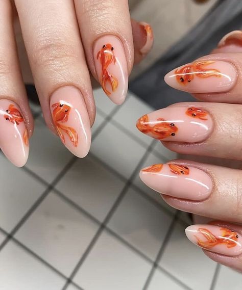 Animal Nails Cute, Cute Animal Nails, Fish Nails, Fish Goldfish, Nail Trend, Simple Gel Nails, Animal Nails, Orange Nails, Funky Nails