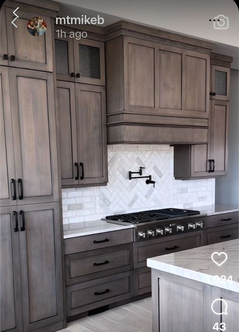 Granite For Dark Cabinets, Wood Cabinets Grey Floor, Medium Dark Kitchen Cabinets, Stained Grey Kitchen Cabinets, White And Brown Farmhouse Kitchen, Grey Stain Kitchen Cabinets, Kitchen Cabinets Stained Wood Colors, Cabinet Stains Kitchen Colors, Grey Wood Cabinets Kitchen