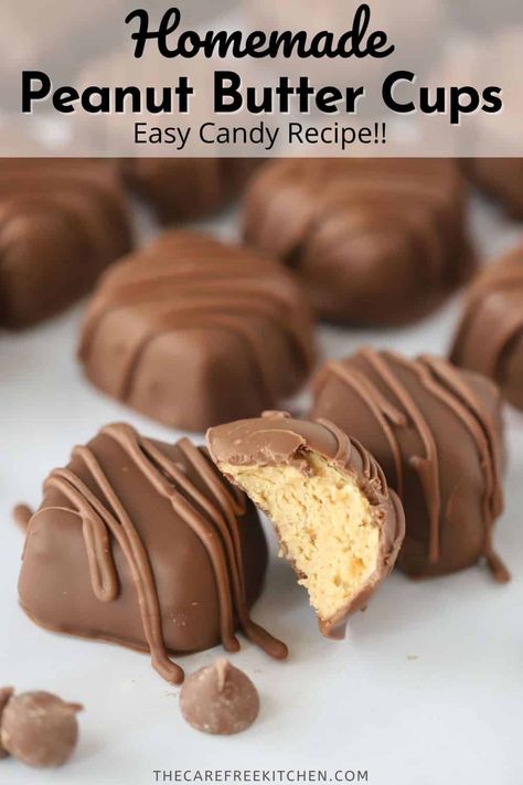 This Homemade Peanut Butter Cup recipe is made with creamy peanut butter filling dipped in chocolate. They're super simple to make and taste just as good as Reese's chocolate and peanut butter treats. #thecarefreekitchen #reeses #peanutbutter #peanutbuttercups #homemadereeses #candy #dessert Peanut Butter Candy Filling, Reese’s Peanut Butter Cup Recipes, Frozen Reeses Peanut Butter Pops, Recees Peanut Butter Cups, Peanut Butter Candy Recipe, Resses Peanut Butter Cups Homemade, Reese’s Peanut Butter Cups, Resses Peanut Butter Cups, Homemade Reeses Cups