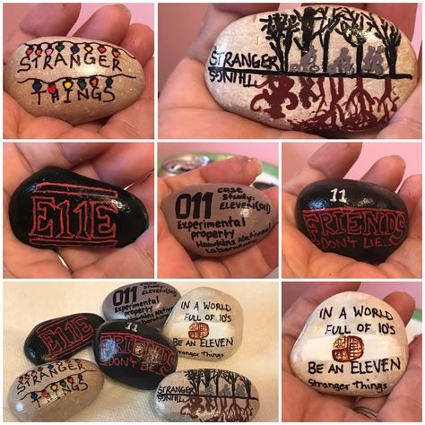 Stranger Things Birthday Gift Ideas, Rock Painting Ideas Stranger Things, Stranger Things Rock Painting, Diy Stranger Things Crafts, Stranger Things Diy Gifts, Stranger Things Painted Rocks, Painting Ideas Stranger Things, Stranger Things Craft Ideas, Stranger Things Room Aesthetic