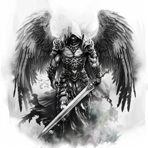 Viking Angel Tattoo, Angel Knight Tattoo, Heaven And Hell Tattoo Sleeve, Dragon Koi Tattoo Design, Dark Angel Tattoo, Angel Warrior Tattoo, Angle Tattoo, Forearm Cover Up Tattoos, St Michael Tattoo