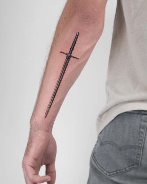 Cross Swords Tattoo Design, Tattoo Swords Men, Boy Arm Tattoos, Forearm Dagger Tattoo, Gladius Tattoo, Dagger Forearm Tattoo, Eye Of Sauron Tattoo, Anduril Tattoo, Ethan Tattoo