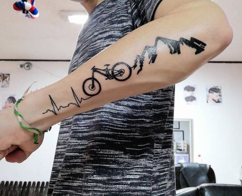 Mtb Tattoo Ideas, Mountain Biking Tattoo, Mountain Bike Tattoo Ideas, Cyclist Tattoo, Mtb Tattoo, Bike Tattoo Ideas, Dirt Bike Tattoo, Tattoo Bike, Cycling Tattoo