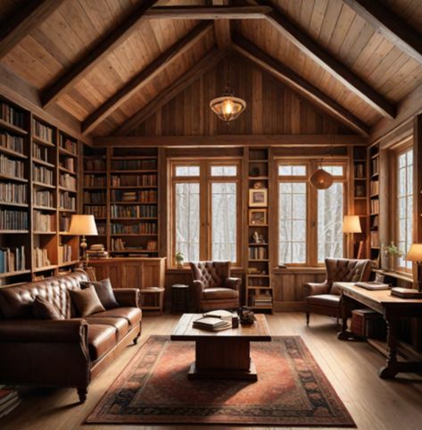 Log Cabin Library, Chalet Library, Cabin Loft Library, Aesthetic Libraries, Home Library Dark Wood, Old Huge Library Aesthetic, Sky Castle, Library Rooms, Dreamy Living Room