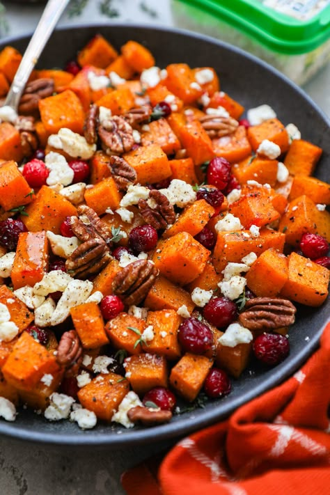 Maple Roasted Butternut Squash with Cranberries & Feta Cranberry Glazed Butternut Squash, Cubed Butternut Squash Recipes, Butternut Squash And Gnocchi, Butternut Tart, Butternut Squash Ideas, Roasted Cranberries, Butternut Squash With Cranberries, Nye Recipes, Squash Side Dish