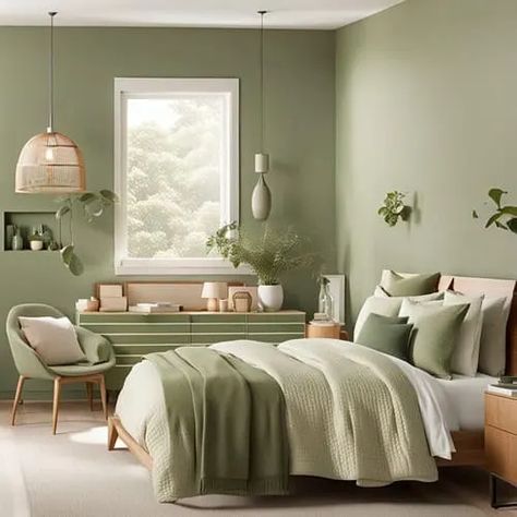 Room Color Ideas Bedroom, Modern Boho Design, Calming Bedroom Colors, Olive Green Bedrooms, Bedroom Colours, Boho Kitchen Ideas, Bedroom Decor On A Budget, Bedroom Vibes, Tranquil Bedroom