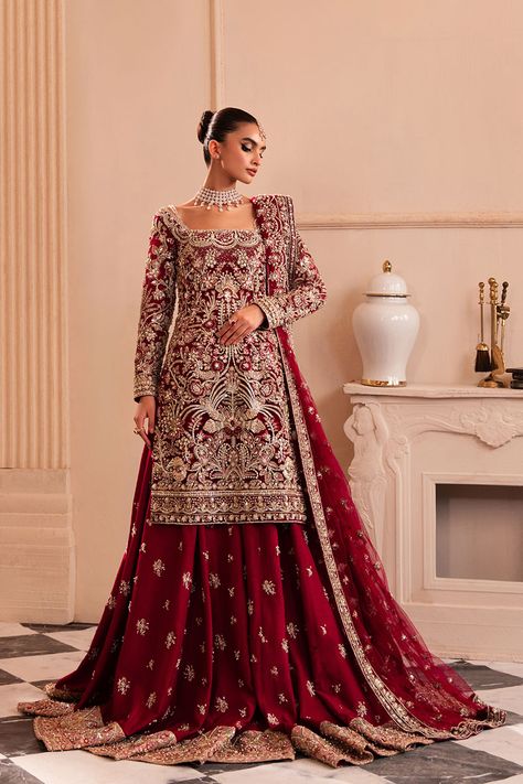 Grandeur Bridal Sharara Pakistani, Kameez Style, Red Sharara, Bridal Sharara, Bridal Suits, Pakistani Bridal Dress, Bridal Dupatta, Desi Wedding Dresses, Raw Silk Fabric