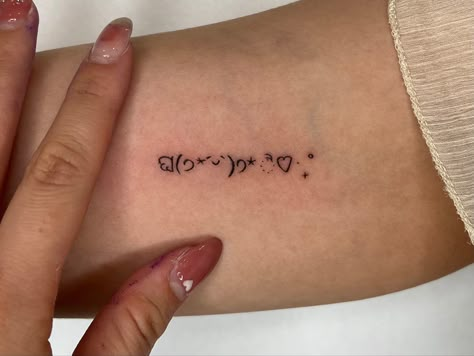 Emoji tattoo 
Tattoo
Emoji
Fineline tattoo Mini Tattoos Words, Emoticon Tattoo, Mochi Tattoo, Kaomoji Tattoo, Tattooing Aesthetic, Ascii Tattoo, Back To Middle School, Ink Tattoo Ideas, Emoji Tattoo