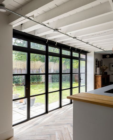 We were honoured to help this family turn this space into the beautiful home it is now by installing all of their glazing.   With French doors on both the kitchen and living room, the black aluminium frames work perfectly with the original style of home and suit both the red brick of the exteriors and contemporary interior style perfectly. We also installed the windows in the same style as the doors, tying the look together.⁠ French Aluminium Doors, French Doors Patio Steel, Anthracite French Doors, Black Heritage Aluminium French Doors, External French Doors Wroght Iron, Sliding Doors Internal, Timber Front Door, Internal Sliding Doors, Upvc Windows