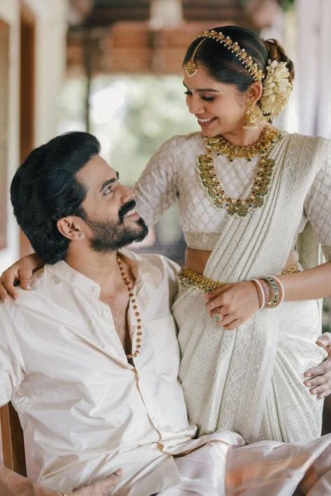 South Indian Groom, Engagement Portraits Poses, Wedding Day Outfit, Buddhist Wedding, Marriage Poses, Indian Wedding Poses, Couple Wedding Dress, Bridal Photography Poses, Indian Wedding Couple Photography