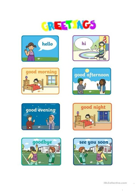 Pictures Of Presents, Greetings In English, Hello Good Morning, Verbo To Be, Good Morning Cartoon, English Posters, Greeting Poster, English Transition Words, English Activities For Kids