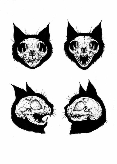 Cat Skull Tattoo, Tattoo Crane, Cat Anatomy, Animal Skeletons, Arte Indie, Cat Skull, Desenho Tattoo, Skull Drawing, Dark Tattoo