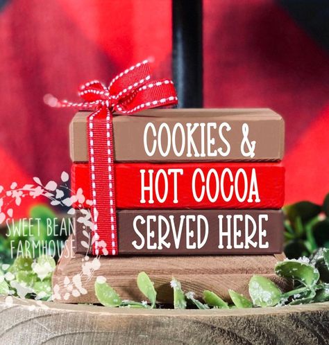 Winter Tiered Tray Decor, Christmas Tiered Tray Decor, Tray Decor Christmas, Christmas Tiered Tray, Cocoa Christmas, Hot Cocoa Bar, Wood Book, Cocoa Bar, Wooden Books