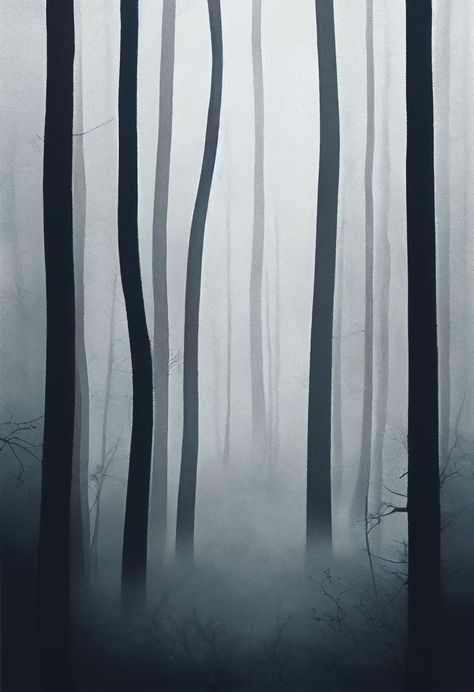 Forest black white fog dark Foggy Forest Black And White, Forest Painting Black And White, Foggy Forest Drawing, Black And White Forest Drawing, Forest Fog Painting, Spooky Forest Drawing, Forest Fog Aesthetic, Dark Forest Drawing, Fog Drawings