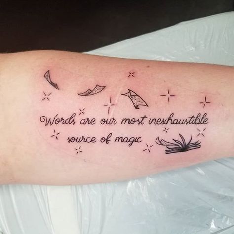 Harry Potter Quote Tattoo Ideas | POPSUGAR Tech Harry Potter Spell Tattoo, Tattoos About Reading, I Have Lived A Thousand Lives Tattoo, Harry Potter Quotes Tattoo, Reading Tattoo, Teacher Tattoos, Book Tattoos, Harry Potter Quote, Bookish Tattoos