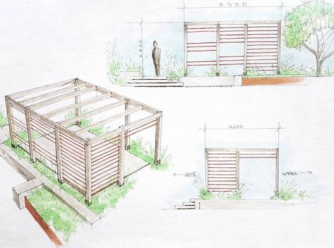 Pergola Elevation, Pergola Sketch, Pergola Drawing, Mindfulness Garden, Garden Sketches, Elevation Sketch, Sketch Landscape, Architectural Sketching, Pergola Plans Design