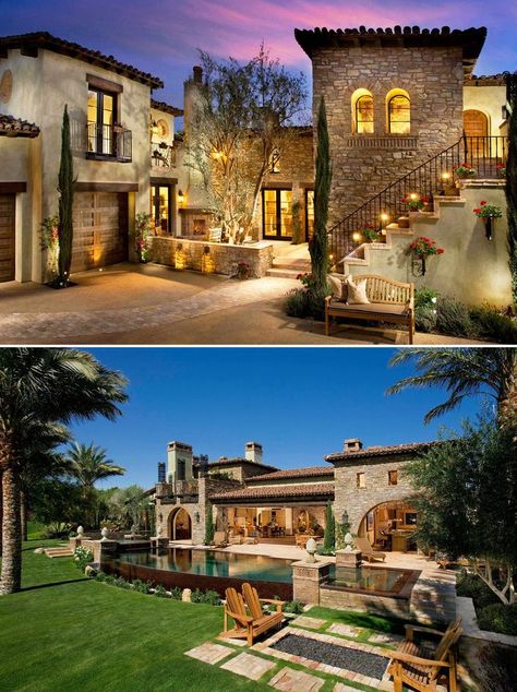 Golf Course Homes, Toscana House Style, Tuscan House Exterior, Tuscan House Design, Garden Oasis Ideas, Tuscan Style Garden, Toscana House, Modern Tuscany, Tuscan Exterior