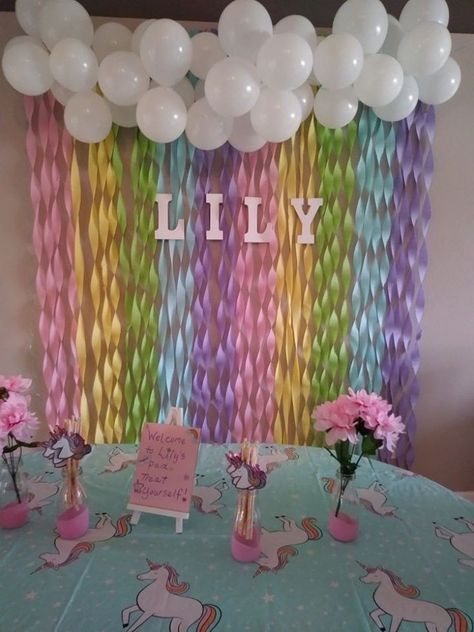 Rainbowcorns Party, Unicorn Bday Decorations, Unicorn Party Backdrop Ideas, Unicorn Theme Backdrop, Unicorn And Dinosaur Party Decorations, Rainbow Themed Birthday Party Backdrops, Alicorn Birthday Party, Twonicorn Party, Unicorn 2nd Birthday Party For Girl