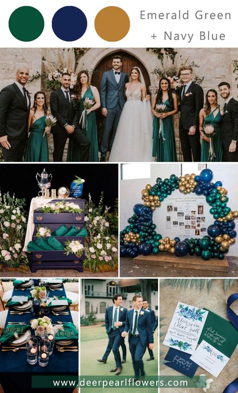 Blue And Emerald Green Wedding, Navy Blue And Emerald Green, Emerald Green Wedding Dress, Green Wedding Theme, Emerald Green Wedding Theme, Top Wedding Colors, Wedding Themes Outdoor, Blue Green Wedding, Emerald Green Wedding