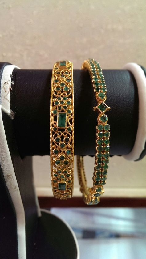 Emerald Bangles Emerald Bangles Indian, Gold Bangles With Stones, Ruby Emerald Bangles, Emerald Bangles, 22k Gold Bangles, Gold Bangles Indian, Ruby Bangles, New Gold Jewellery Designs, Gold Bangle Set