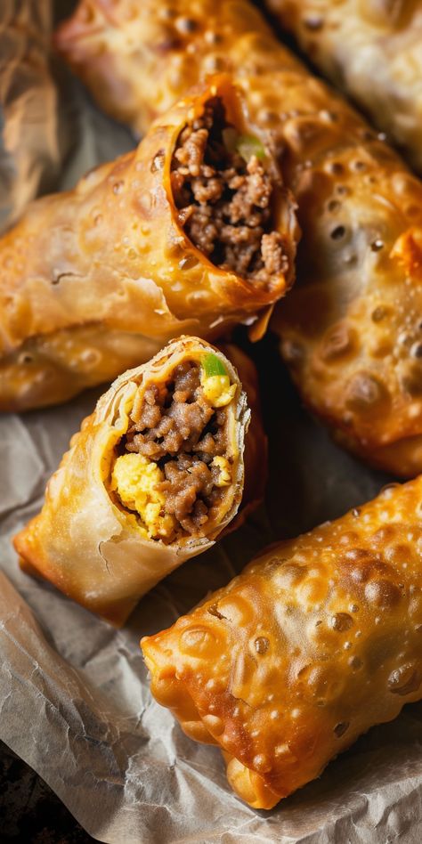 Cheeseburger Egg Rolls [30 Minutes] – Chasety Cheeseburger Egg Rolls, American Comfort Food, Homemade Chinese Food, Sausage Roll, Fusion Dishes, Egg Roll Recipes, Diner Recipes, Cold Appetizers, Delicacy Food