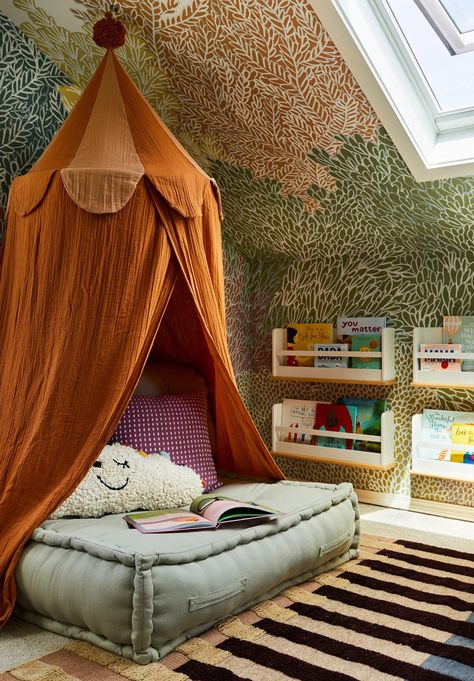 Playroom Ideas Jungle, Shared Attic Bedroom Kids, Childs Room Aesthetic, Attic Bedrooms Ideas, Children’s Bedroom, Whimsical Bedroom Kids, Bedroom For Two Kids, Joyful Bedroom, Vintage Kids Bedroom