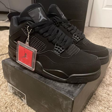 Black Cat Air Jordan, Black Cats Shoes Jordan, Black J4 Shoes, Black Jordan 4’s, Black Cats Outfit, Black Cats Shoes, Black Cats Jordans, Jordan Black Cat 4s, Jordan 4s Black Cat