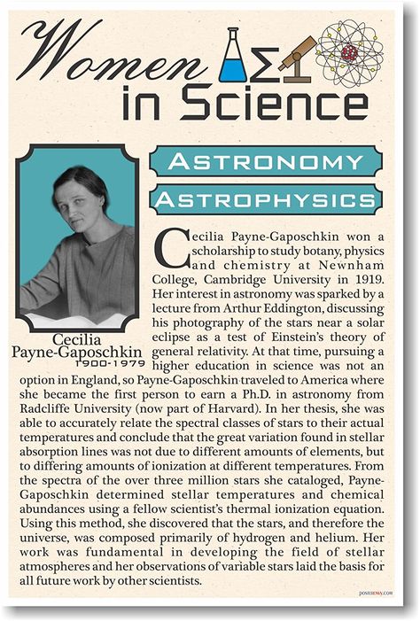 Amazon.com: Cecilia Payne-Gaposchki - Women in Science Astronomy & Astrophysics - NEW Classroom Poster: Office Products Astrophysics Student, Women In Chemistry, Women In Astronomy, Women In Physics, Women In Science Poster, Astronomy Books For Beginners, Science Diy, Astrophysics Books For Beginners, Wall Magazine