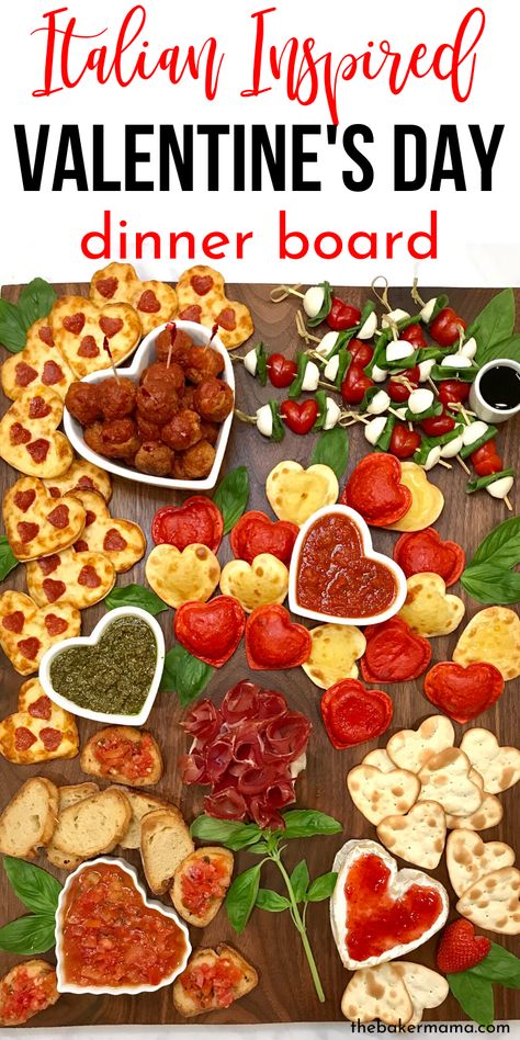 Serve up an incredible Valentine's Day spread. Italian favorites like heart-shaped pizzas, raviolis and cheese along with meatballs, a prosciutto bouquet, arrow caprese skewers and bruschetta. #valentines #day #Italian #board #tray #recipe #cheese #pasta #valentinesday Valentines Food Tray Ideas, Heart Shaped Meatballs, Valentine’s Day Pasta Dinner, Italian Valentines Day, Valentine’s Day Food Dinner, Valentine Pasta Dinner Ideas, Valentines Day Finger Foods, Valentines Pasta Dinner, Valentines Hors D'oeuvres